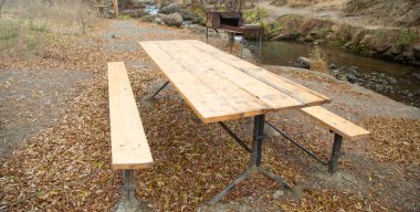 Sonbaharda ormanda ahşap banklar ve masa.