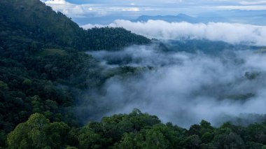 Sis kaplı tepelerin sakin ve sisli bir manzarayla sakin ve atmosferik bir ruh halini çağrıştıran sakin bir drone görüntüsü. Doğa ve sükunet temalı projeler için ideal.