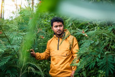 Sarı ceket giyen bir adam yoğun bitki örtüsü ve tropikal bitkilerle çevrili yemyeşil bir ormanı keşfeder. Güneş ışığı ağaçların arasından süzülüp sakin ve maceracı bir atmosfer yaratır..