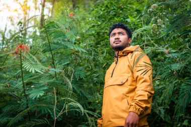 Sarı ceket giyen bir adam yoğun bitki örtüsü ve tropikal bitkilerle çevrili yemyeşil bir ormanı keşfeder. Güneş ışığı ağaçların arasından süzülüp sakin ve maceracı bir atmosfer yaratır..