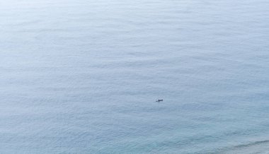 Ortasında yalnızlık, huzur, özgürlük ve açık denizde sonsuz bir macera hissi uyandıran küçük yalnız bir tekneyle sakin mavi bir okyanus manzarası..