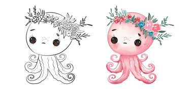 Tuhaf bir ahtapot karakteri iki sanatsal stil sergiler: biri siyah ve beyaz, diğeri çiçeklerle canlı renklendirilmiş, yaratıcı projeler veya boyama faaliyetleri için mükemmel.