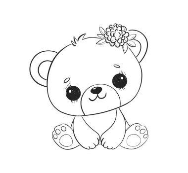 This adorable bear character features a sweet face with big eyes and a flower decoration on its head. Ideal for coloring activities and art projects for children. clipart