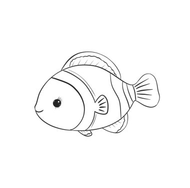 Yuvarlak vücutlu ve parlak gözlü neşeli bir çizgi film balığı neşeyle yüzer. Tasarım, yaratıcı projeler veya renklendirmeler için mükemmel, temiz çizgiler ve en az detay içerir..
