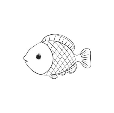 A cheerful cartoon fish drawn in a minimalistic line art style. This design features a round body, fins, and a smiling face, ideal for children's art activities or educational projects. clipart