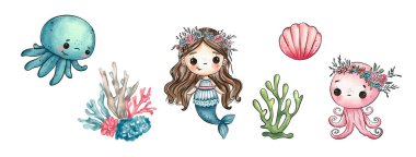 A whimsical underwater scene features a charming mermaid surrounded by a jellyfish and colorful coral formations. The characters are adorned with floral crowns, evoking a magical ocean atmosphere. clipart