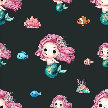 This delightful pattern showcases charming mermaids with pink hair and vibrant tails, surrounded by various colorful fish and coral reefs, perfect for children's decor. clipart