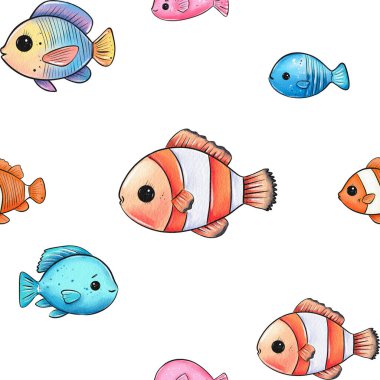Farklı renkte ve boyutlarda çeşitli karikatür balıkları temiz beyaz bir arkaplanda neşeli ve kaprisli bir sualtı teması oluşturarak neşeyle yüzerler..