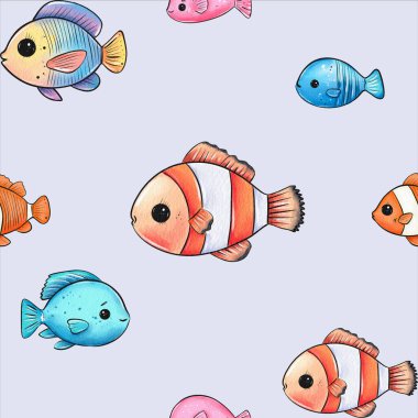 Farklı renklerde çeşitli karikatür tarzı balıklar yumuşak bir ışık zemininde yüzerler. Bu eğlenceli tasarım, çocuk odaları veya deniz yaşamı hakkında eğitici temalar için idealdir..