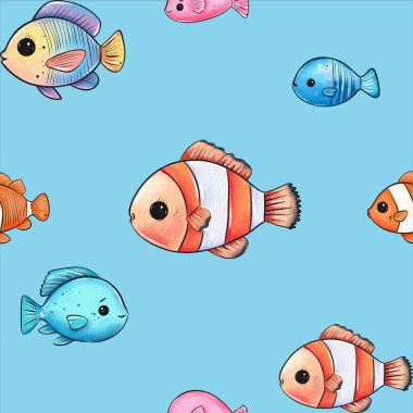 Çeşitli karikatür tarzı balıklar canlı mavi bir arka planda neşeyle yüzerler, parlak renkler ve eğlenceli tasarımlar sergilerler, canlı bir su altı atmosferi yaratırlar..