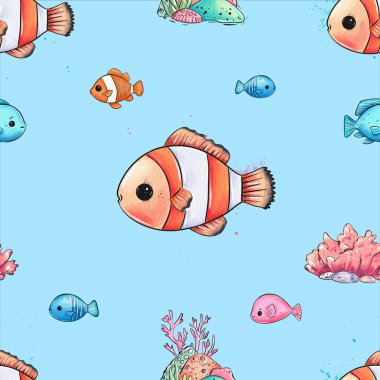 Canlı bir sualtı dünyasında mercan resifleri arasında yüzen çeşitli renkli balıklar vardır. Oyuncu tasarım neşeli bir atmosfer yaratıyor, çocuk alanları ya da su dekoru için ideal..
