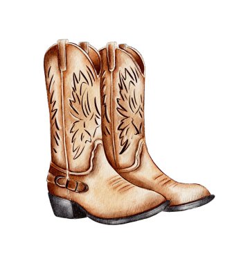 Beautiful brown cowboy boots featuring detailed embossed patterns. Ideal for wearing at country gatherings, rodeos, or western-themed events to complement any outfit. clipart