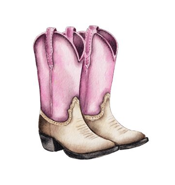 Canlı kovboy çizmelerinde pembe ve bej renklerin karışımı yer alıyor. Ülke temalı toplantılar veya günlük geziler için ideal tasarım detayları sergileniyor..