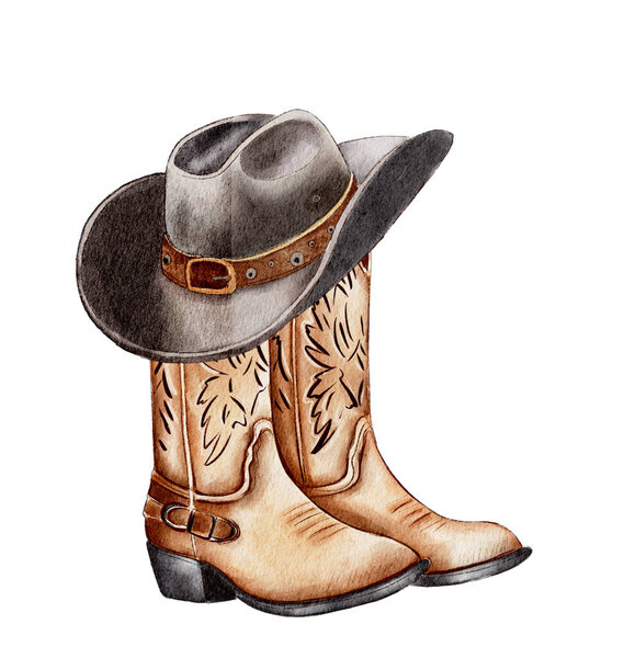 A pair of detailed cowboy boots are displayed next to a wide-brimmed hat, highlighting western fashion. The boots feature intricate designs, representing classic Americana.