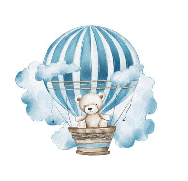 Büyüleyici bir ayı, yumuşak, kabarık mavi gökyüzünde yükselen sıcak hava balonunda oturur. Macera ve merak hissi uyandırır..
