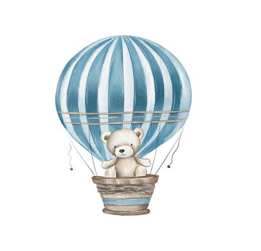 Çekici bir oyuncak ayı mavi ve beyaz çizgili sıcak hava balonunda oturur ve hafifçe arka plana doğru yükselir. Bu enfes çizim bir macera ve masumiyet duygusunu yakalıyor..