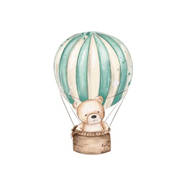 Çekici bir ayı renkli bir sıcak hava balonunun içinde güvenli bir şekilde oturur. Balon yumuşak bulutların arasında yavaşça sürüklenir. Huzurlu bir atmosfer ve neşe uyandırır..