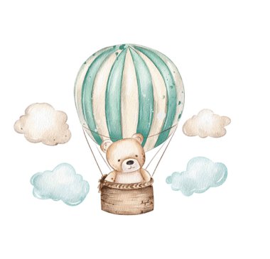 Çekici bir oyuncak ayı, yumuşak bulutların arasında çizgili bir sıcak hava balonuyla keyifli bir gezinti yapar. Bu nefis sahne çocuk dekoru için mükemmel..