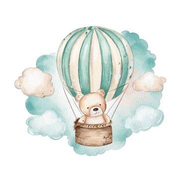 Çekici bir oyuncak ayı, yumuşak, tüylü bulutlarla çevrili, parlak ve neşeli bir gökyüzüne karşı renkli bir sıcak hava balonunda yüzer. Ayarlar bir neşe ve macera hissi uyandırıyor..