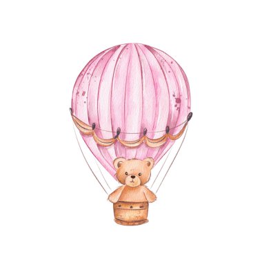 Çekici bir oyuncak ayı pembe bir sıcak hava balonunun içinde, yumuşak bulutların arasında yavaşça süzülür. Tuhaf tasarım, huzurlu bir gökyüzünde neşeli bir macera yakalıyor..