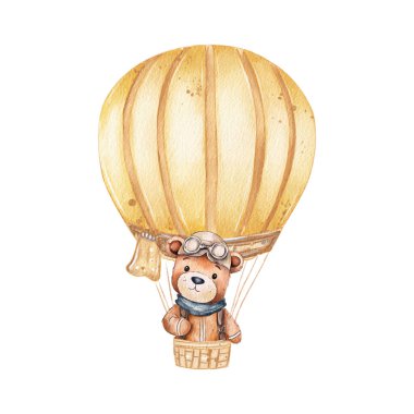 Gözlük takan neşeli bir ayı, güneşli bir öğleden sonra mavi gökyüzüne karşı mutlu bir şekilde süzülen altın bir gölgeyle eski bir sıcak hava balonuyla yükselir..