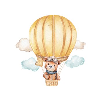 Bir el çizimi, sarı bir sıcak hava balonunda neşeyle süzülen havacı gözlüğü takan sevimli bir ayıyı gösteriyor. Yumuşak bulutlar süzülür ayı güneşli öğleden sonranın tadını çıkarırken.