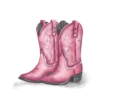 Pembe çizmeli iki el çizilmiş kovboy çizmesi. Karmaşık tasarımlar. Botlar klasik bir batı tarzını yansıtıyor, rodeo ya da ülke temalı etkinliklere hazır..