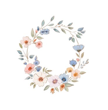 Güzel bir el yapımı çelenk mavi, pembe ve beyaz tonlarında yumuşak pastel çiçeklere sahiptir. Bu sanatsal parça, çeşitli dekoratif kullanım için uygun zarafet ve cazibeyi somutlaştırır..