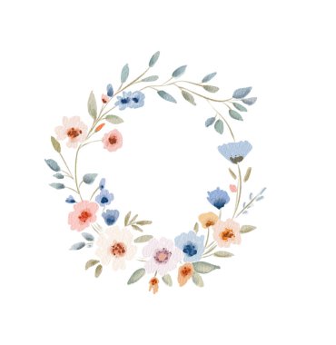 Bu güzel el çizilmiş çelenk, zarif yeşillik ve mevsimlik dekorasyon ve davetiyeler için ideal renkte pastel renkte narin bir çiçek koleksiyonu sergiliyor..