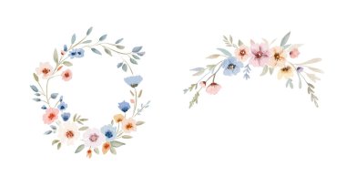 Zarif çiçekler ve dekorasyona uygun yumuşak renklerde yeşillik içeren el çizimi bir çelenk.