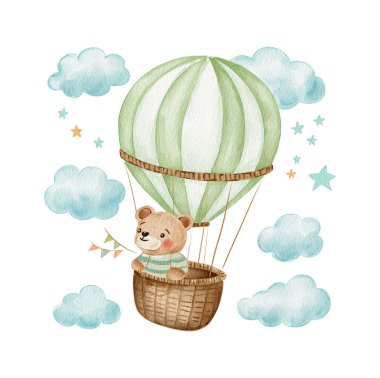 Çekici bir sahnede çizgili tişörtlü bir ayı sıcak hava balonunda mutlu bir şekilde yüzüyor. Kabarık bulutlar ve parıldayan yıldızlar tuhaf atmosfere eklenir..