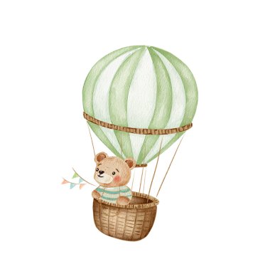 A bear in a striped shirt happily flies in a hot air balloon. The gentle colors and playful character create a cheerful atmosphere, perfect for a child's room decor or a charming invitation. clipart