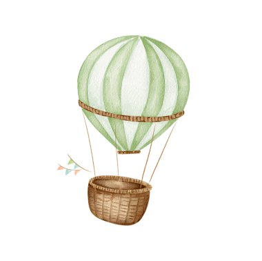 Yumuşak yeşil çizgileri olan kaprisli bir sıcak hava balonu açık mavi gökyüzünde yavaşça sürüklenir. Örülmüş sepeti aşağıda sallanıyor, huzur ve macera dolu büyüleyici bir sahne yaratıyor..