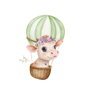 Çekici bir el yapımı suluboya hasır bir sıcak hava balonundan dışarı bakan bir ineği gösteriyor. Balon yeşil çizgilerle süslenmiş ve çiçekli bir taç, tuhaf bir atmosfer yaratıyor..
