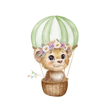 A whimsical lion cub with a gentle expression floats gracefully in a charming hot air balloon. Adorned with a flower crown, it is suspended in a serene blue sky, evoking wonder and joy. clipart