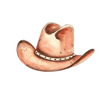 Yumuşak pastel tonlar, karmaşık detaylar ve batı tarzının özünü yansıtan klasik bir tasarım içeren bir kovboy şapkasının büyüleyici suluboya çizimi..
