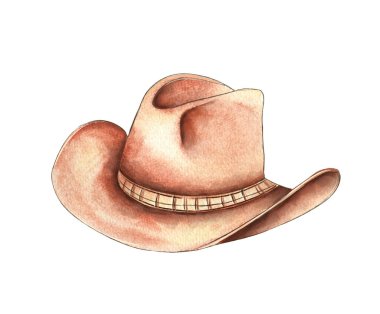 Yumuşak pastel tonlar, karmaşık detaylar ve batı tarzının özünü yansıtan klasik bir tasarım içeren bir kovboy şapkasının büyüleyici suluboya çizimi..