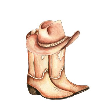 Çekici bir illüstrasyonda şapkalı bir çift kovboy çizmesi sergileniyor. El çizimi suluboya stili, Batı 'nın kırsal bir atmosferini yansıtan sıcaklık ve kişilik katar..