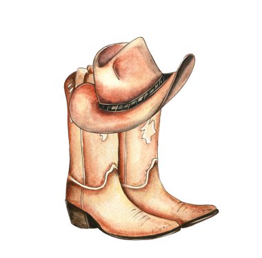 Çekici bir illüstrasyonda şapkalı bir çift kovboy çizmesi sergileniyor. El çizimi suluboya stili, Batı 'nın kırsal bir atmosferini yansıtan sıcaklık ve kişilik katar..