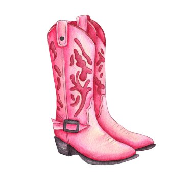 Gösterişli desenleri olan iki şık pembe kovboy çizmesi, canlı bir Batılı estetiği vurguluyor. Çizmeler işçiliği ve eğlenceli renk seçimlerini ön plana çıkarıyor, onları göz alıcı kılıyor..