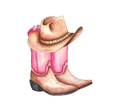 Bir çift pembe kovboy çizmesi klasik bir kovboy şapkasının yanında oturur, hepsi suluboya ile çizilmiş. Resimlerde karmaşık detaylar gösteriliyor, kırsal bir cazibe hissi uyandırıyor..