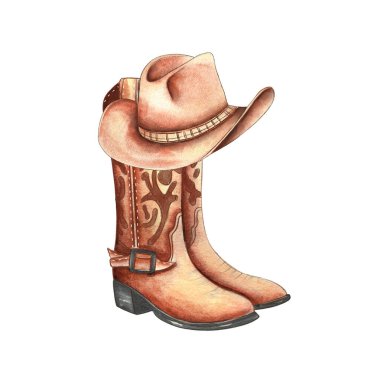 Elle çizilmiş suluboya resimlerde karmaşık tasarımları olan bir çift kovboy çizmesi ve tepelerinde dinlenen klasik bir kovboy şapkası var..