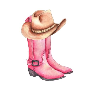 Bir çift pembe kovboy çizmesi klasik bir kovboy şapkasının yanında oturur, hepsi suluboya ile çizilmiş. Resimlerde karmaşık detaylar gösteriliyor, kırsal bir cazibe hissi uyandırıyor..