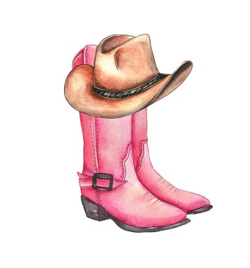 Bir çift pembe kovboy çizmesi klasik bir kovboy şapkasının yanında oturur, hepsi suluboya ile çizilmiş. Resimlerde karmaşık detaylar gösteriliyor, kırsal bir cazibe hissi uyandırıyor..