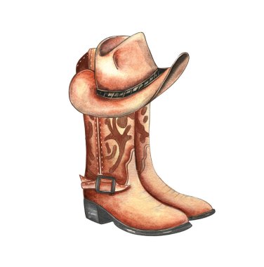 Elle çizilmiş suluboya resimlerde karmaşık tasarımları olan bir çift kovboy çizmesi ve tepelerinde dinlenen klasik bir kovboy şapkası var..