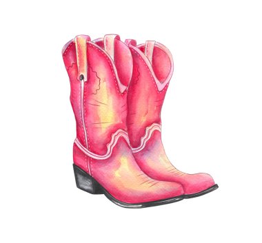 Sanat eserinde suluboya ile güzel çizilmiş bir çift çarpıcı pembe kovboy çizmesi yer alıyor. Botlar eşsiz desenler ve canlı renkler sergiliyor. Çekiciliklerini ve tarzlarını yansıtıyor..