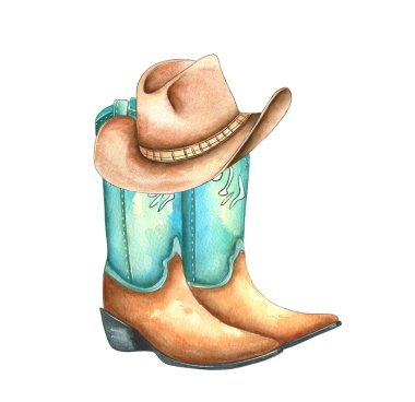Batı temalı illüstrasyon, üzerinde karmaşık detaylar ve dinlenen bir kovboy şapkası bulunan bir çift kovboy çizmesi çeker. Bu sanat eseri kırsal çekiciliği ve ülke estetiğini kutluyor..