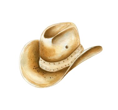 Yumuşak pastel tonlar, karmaşık detaylar ve batı tarzının özünü yansıtan klasik bir tasarım içeren bir kovboy şapkasının büyüleyici suluboya çizimi..
