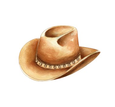 Yumuşak pastel tonlar, karmaşık detaylar ve batı tarzının özünü yansıtan klasik bir tasarım içeren bir kovboy şapkasının büyüleyici suluboya çizimi..