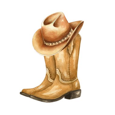 Çekici bir illüstrasyonda şapkalı bir çift kovboy çizmesi sergileniyor. El çizimi suluboya stili, Batı 'nın kırsal bir atmosferini yansıtan sıcaklık ve kişilik katar..